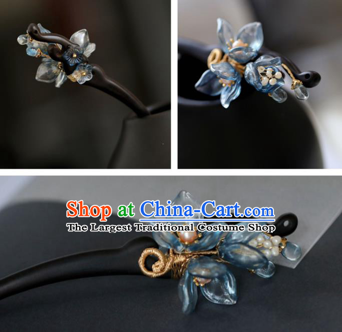 Chinese Cheongsam Ebony Hair Clip Traditional Hanfu Hair Accessories Handmade Blue Yulan Magnolia Hairpins for Women