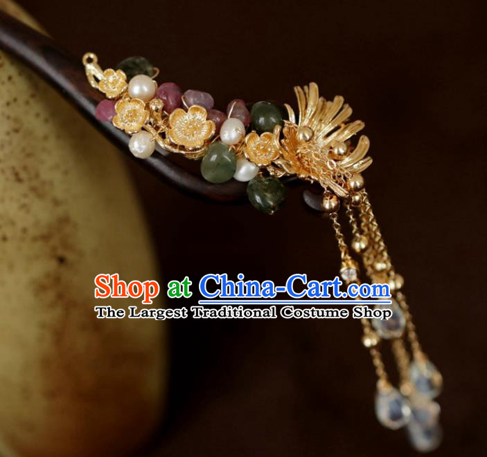 Chinese Cheongsam Jade Ebony Hair Clip Traditional Hanfu Hair Accessories Handmade Golden Plum Tassel Hairpins for Women