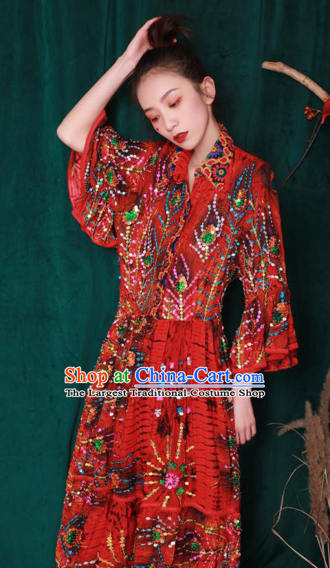 Thailand Traditional Embroidery Beads Red Dress Photography Informal Costumes for Women