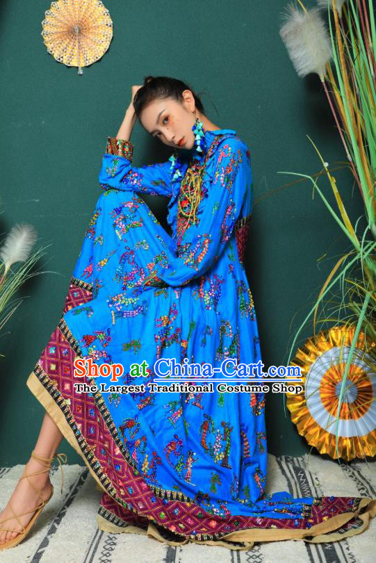 Thailand Traditional Embroidery Beads Blue Dress Photography Morocco National Informal Costumes for Women