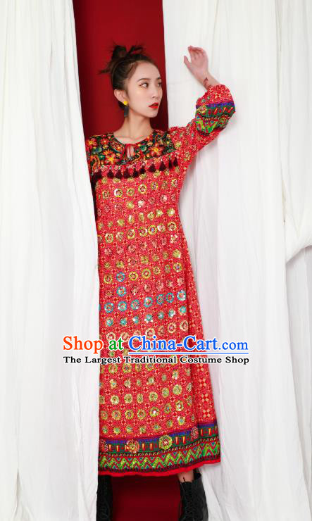 Thailand Traditional Handmade Red Dress Photography Asian Indian National Informal Beading Costumes for Women