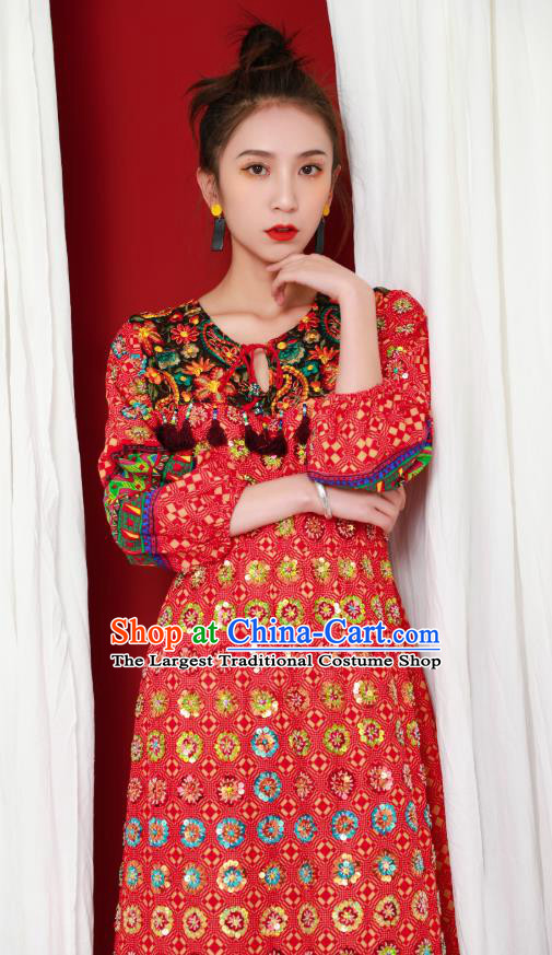 Thailand Traditional Handmade Red Dress Photography Asian Indian National Informal Beading Costumes for Women