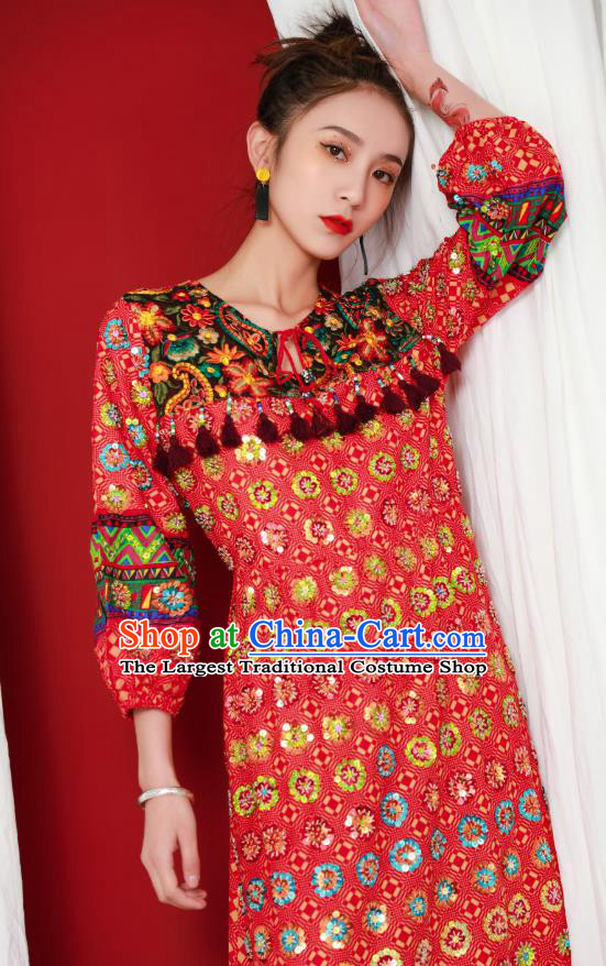 Thailand Traditional Handmade Red Dress Photography Asian Indian National Informal Beading Costumes for Women