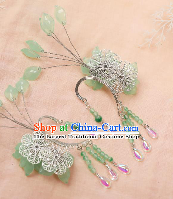 Traditional Chinese Green Flowers Ear Accessories Handmade Tassel Eardrop Ancient Princess Earrings Pendant for Women