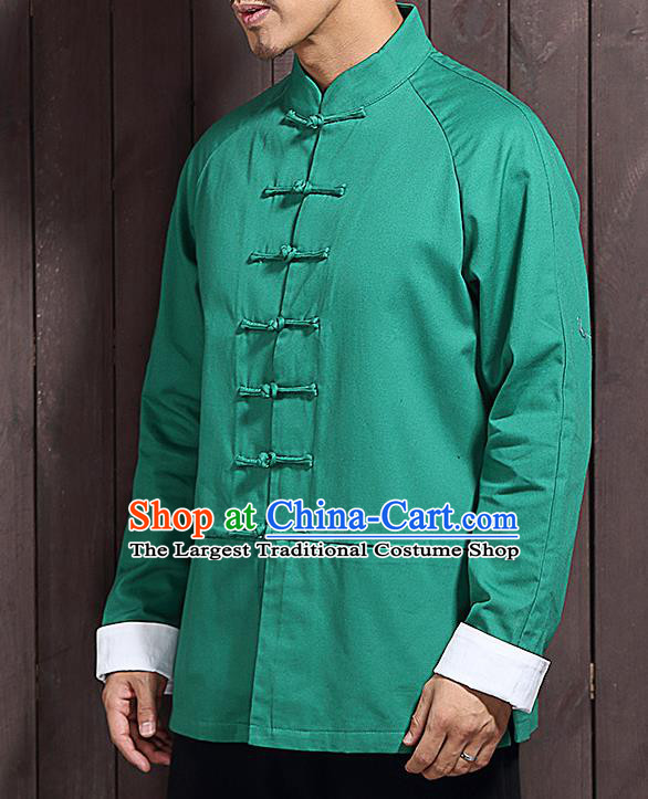 Chinese Traditional Green Sun Yat Sen Jacket Tang Suit Overcoat Outer Garment Stand Collar Costumes for Men