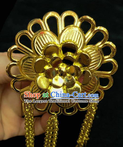 Chinese Dai Nationality Golden Flower Hairpin Traditional Ethnic Hair Accessories Handmade Tassel Hair Clip for Women