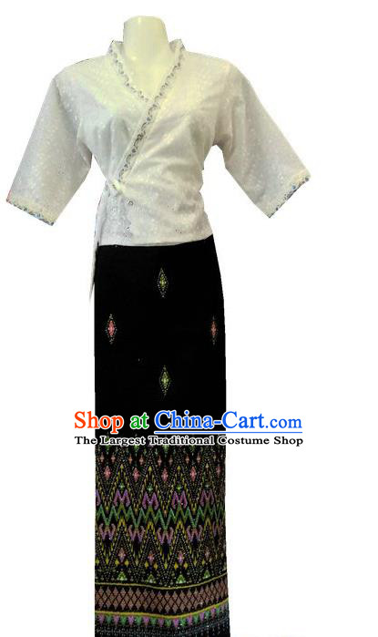 Chinese Dai Nationality Stage Show Outfit Costumes Traditional Dai Ethnic Folk Dance White Blouse and Black Straight Skirt Complete Set