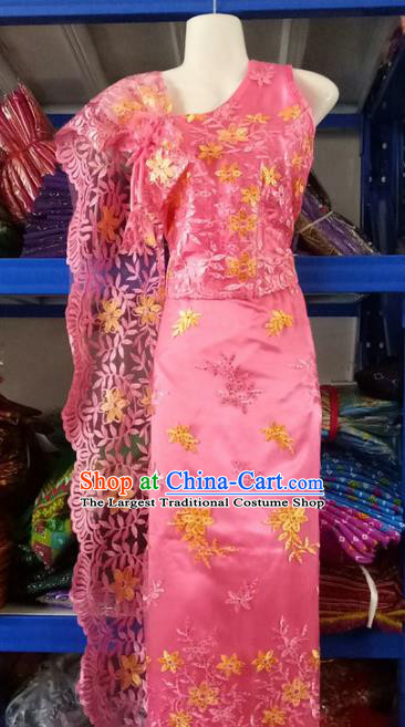 Traditional Chinese Dai Nationality Peach Pink Sleeveless Blouse and Straight Skirt Outfit Dai Ethnic Dance Costumes with Tippet Veil
