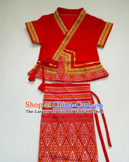 Chinese Traditional Dai Ethnic Children Red Blouse and Straight Skirt Dai Nationality Girl Dress Costumes for Kids