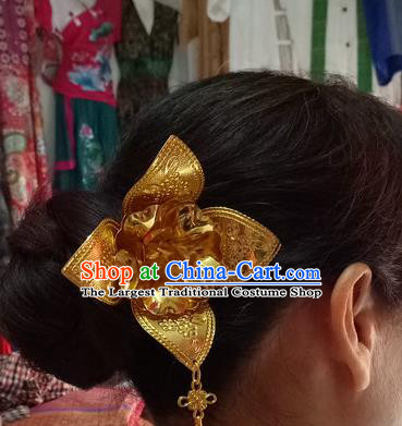 Chinese Dai Nationality Water Sprinkling Festival Tassel Hairpin Traditional Ethnic Dance Hair Accessories Handmade Golden Flowers Hair Clip for Women