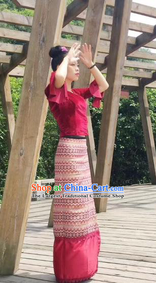 Chinese Dai Nationality Fashion Costumes Traditional Dai Ethnic Wine Red Velvet Blouse and Straight Skirt Outfits
