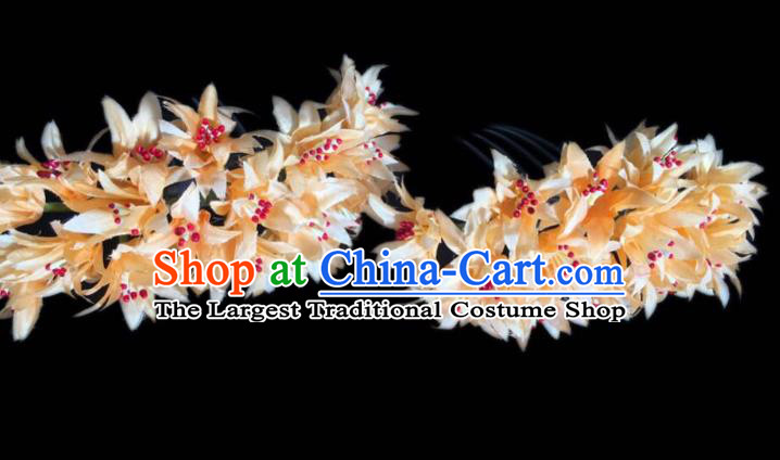 Chinese Dai Nationality Dance Orange Silk Flowers Hairpin Traditional Ethnic Hair Accessories Handmade Hair Comb for Women