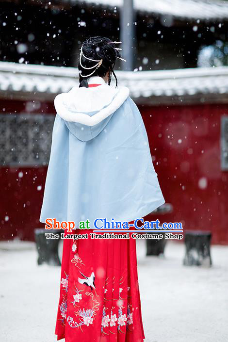 Chinese Ming Dynasty Young Lady Costumes Traditional Hanfu Garment Ancient Embroidered Crane Blue Short Cloak for Women