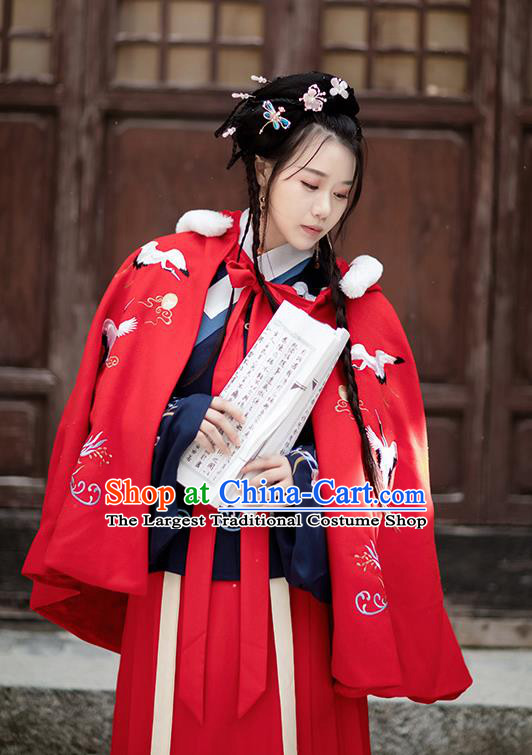 Chinese Ming Dynasty Woolen Costumes Traditional Winter Hanfu Garment Ancient Embroidered Crane Red Short Cloak for Women