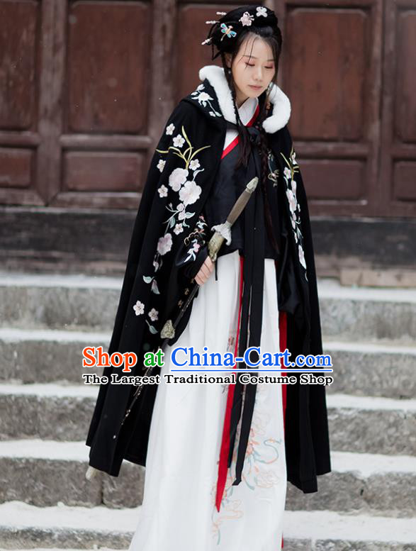 Chinese Ming Dynasty Embroidered Peony Cloak Costumes Traditional Ancient Hanfu Garment Winter Black Woolen Cape for Women
