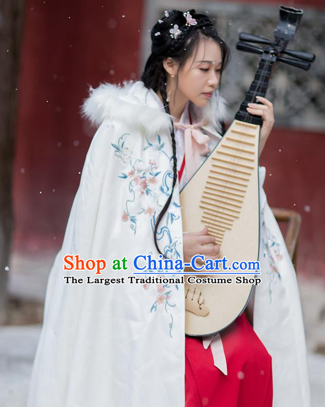 Chinese Ming Dynasty Embroidered White Hooded Cloak Costumes Traditional Ancient Hanfu Garment Winter Woolen Cape for Women