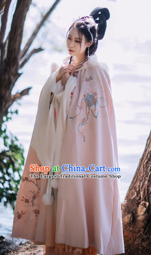 Chinese Ming Dynasty Embroidered Cloak Costumes Traditional Ancient Hanfu Garment Winter Pink Woolen Long Cape for Women