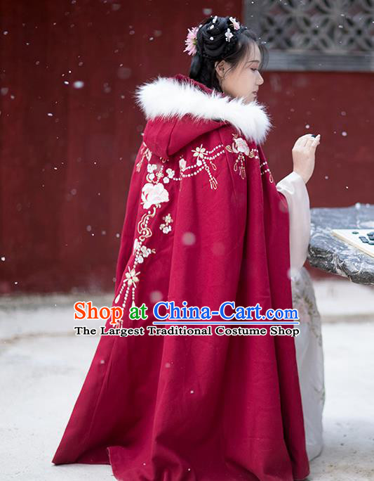 Chinese Ming Dynasty Embroidered Wine Red Cloak Costumes Traditional Ancient Hanfu Garment Winter Woolen Cape for Women