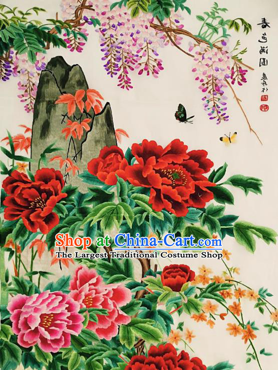 Chinese Traditional Embroidered Wisteria Decorative Painting Handmade Embroidery Craft Embroidering Peony Cloth Picture