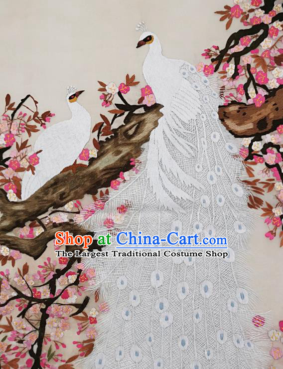 Chinese Traditional Embroidered White Peacock Decorative Painting Handmade Embroidery Craft Embroidering Peach Blossom Cloth Picture