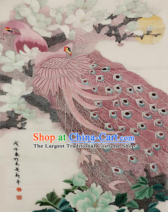 Chinese Traditional Embroidered Pink Peacock Decorative Painting Handmade Embroidery Craft Embroidering Yulan Magnolia Cloth Picture