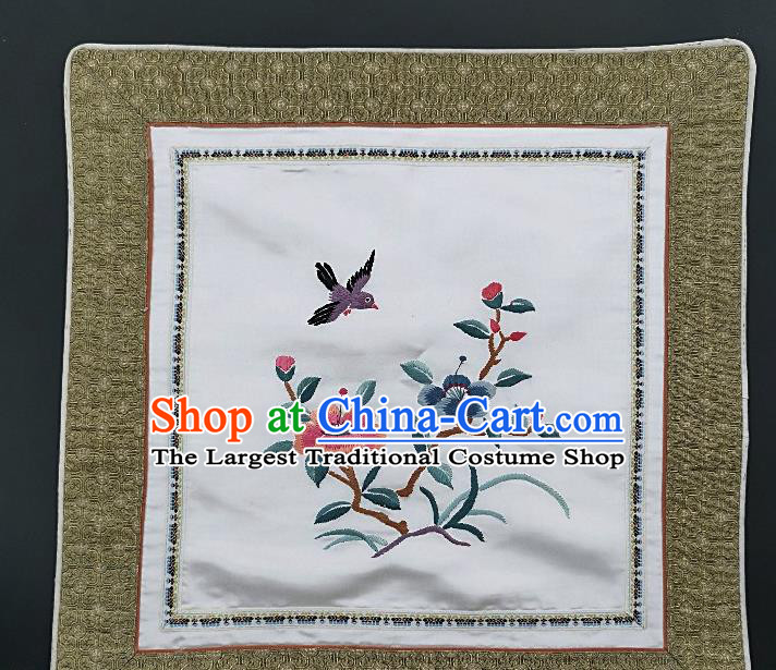 Traditional Chinese Embroidered Orchid Bird Fabric Patches Handmade Embroidery Craft Accessories Embroidering White Silk Cushion Applique