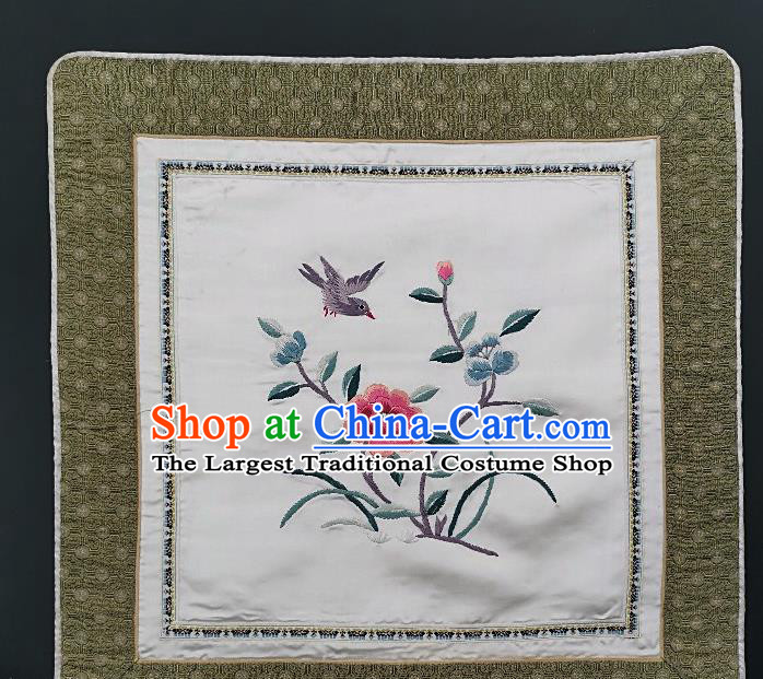 Traditional Chinese Embroidered Flowers Fabric Patches Handmade Embroidery Craft Accessories Embroidering Bird White Silk Cushion Applique