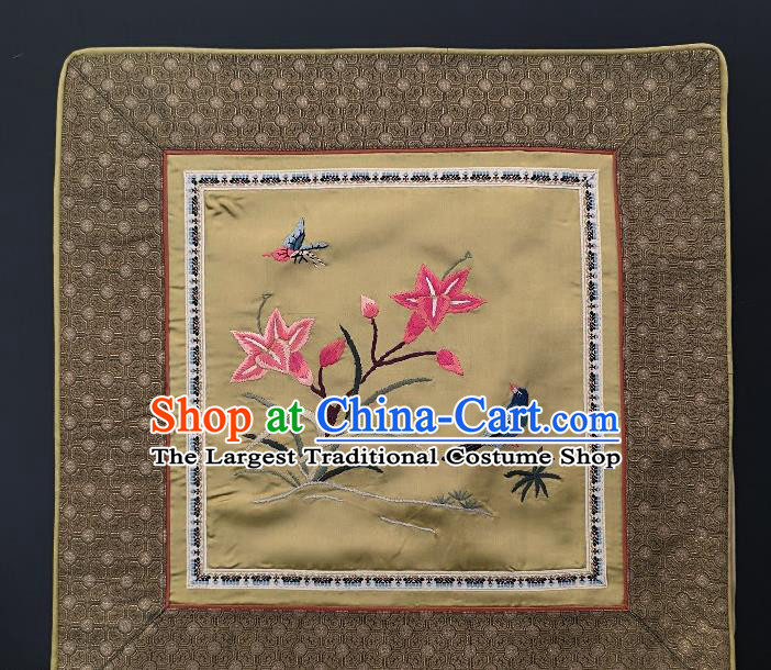Traditional Chinese Embroidered Pink Orchid Fabric Patches Handmade Embroidery Craft Accessories Embroidering Bird Yellow Silk Cushion Applique