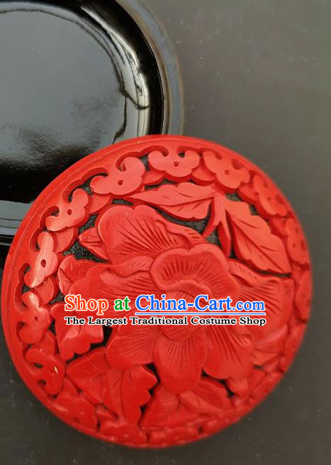 Chinese Handmade Carving Peony Flower Red Lacquer Rouge Box Traditional Lacquerware Craft Inkpad Box