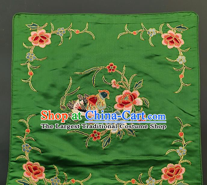 Traditional Chinese Embroidered Red Peony Fabric Patches Handmade Embroidery Craft Accessories Embroidering Mandarin Duck Green Silk Cushion Applique