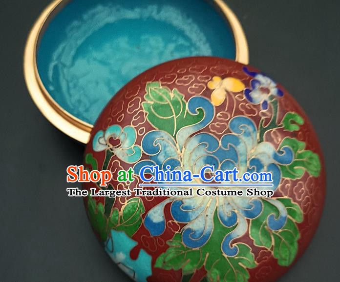 Chinese Traditional Cloisonne Chrysanthemum Pattern Rouge Box Handmade Brass Craft Enamel Red Inkpad Box Accessories