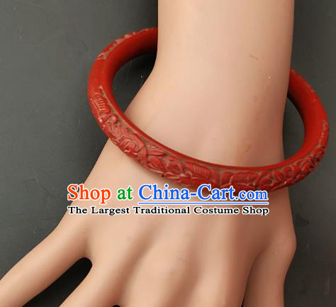 Chinese Traditional Handmade Carving Craft Red Lacquerware Bracelet Accessories