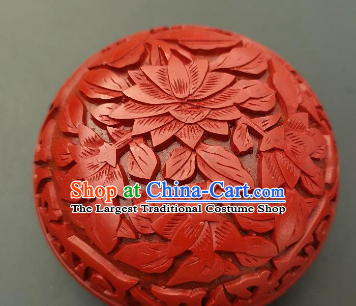 Chinese Traditional Handmade Carving Lotus Rouge Box Red Lacquerware Craft Inkpad Box