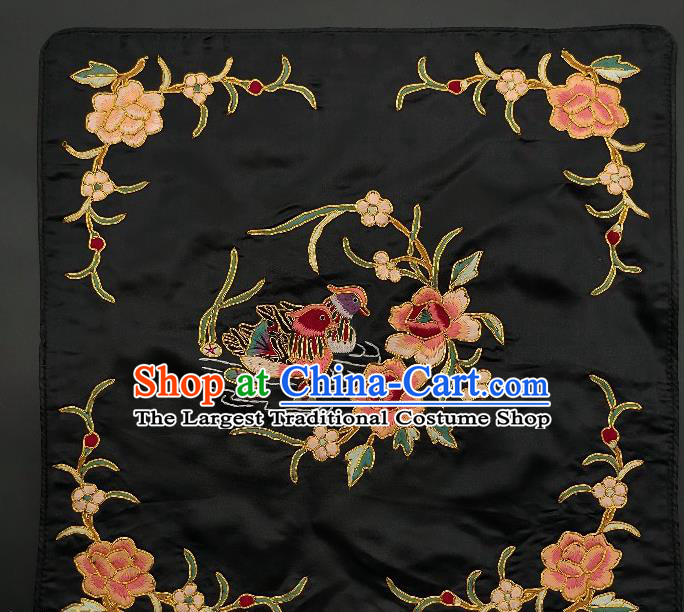 Chinese Traditional Embroidered Pink Peony Mandarin Duck Cushion Fabric Handmade Embroidery Craft Embroidering Black Silk Applique