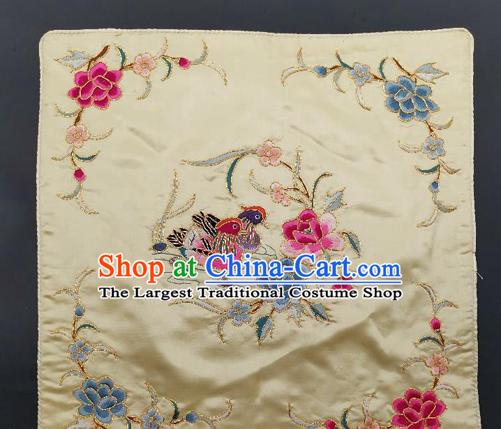 Chinese Traditional Embroidered Rosy and Blue Peony Mandarin Duck Cushion Fabric Handmade Embroidery Craft Embroidering White Silk Pillowslip Applique