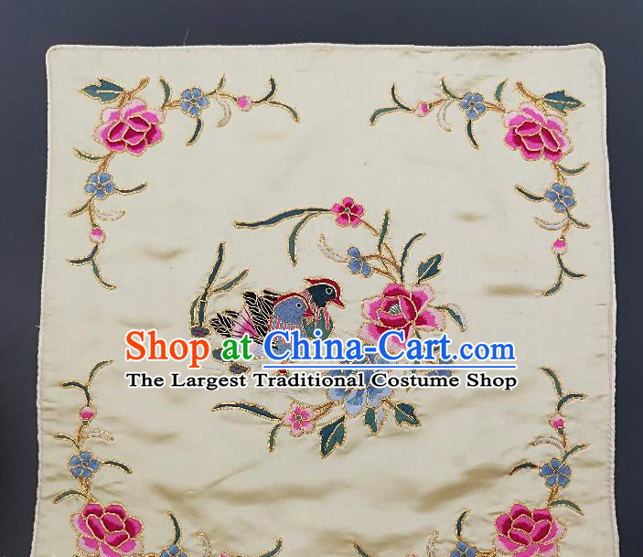 Chinese Traditional Embroidered Pink Peony Mandarin Duck Cushion Fabric Handmade Embroidery Craft Embroidering White Silk Pillowslip Applique