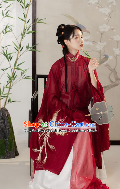 Traditional Chinese Ming Dynasty Patrician Female Costumes Ancient Noble Lady Hanfu Garment Embroidered Red Blouse and Skirt Full Set