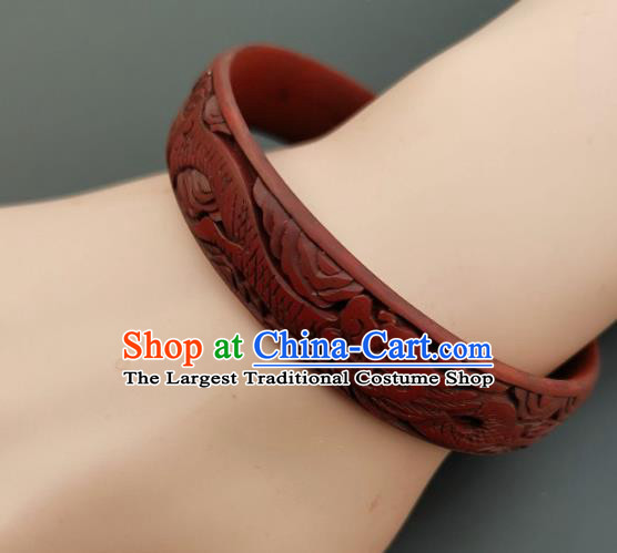 Chinese Handmade Carving Dragonfish Lacquer Bracelet Traditional Lacquerware Craft Red Bangle Accessories