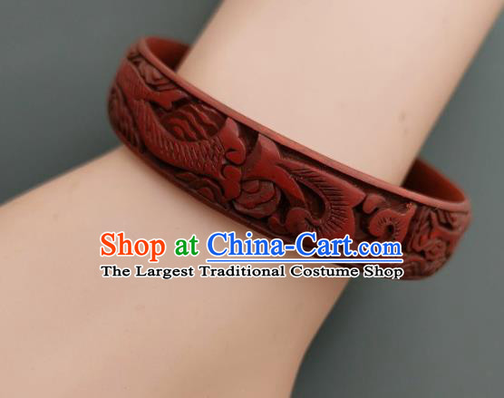 Chinese Handmade Carving Dragonfish Lacquer Bracelet Traditional Lacquerware Craft Red Bangle Accessories