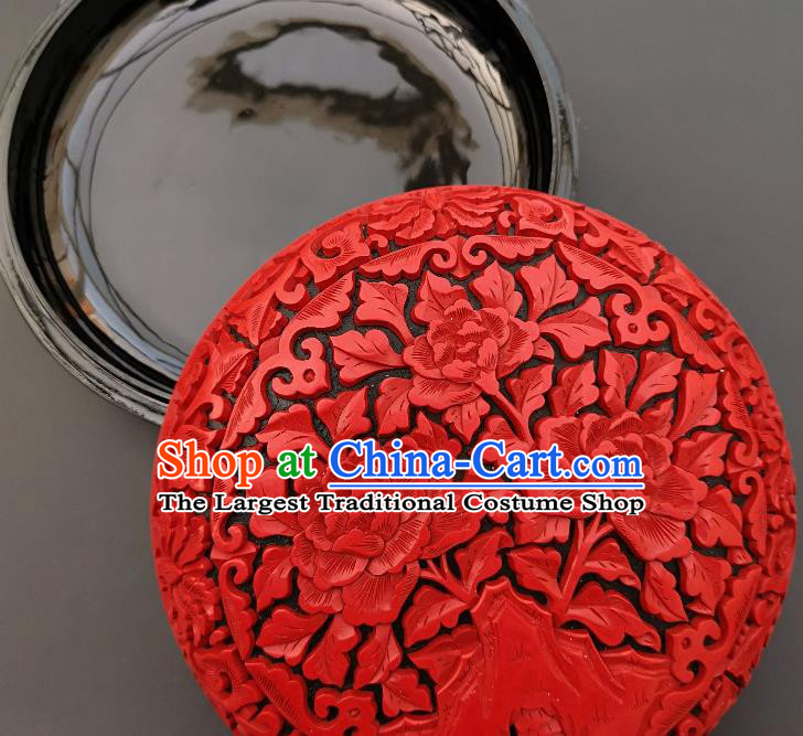 Chinese Handmade Carving Peony Lacquer Inkpad Box Traditional Lacquerware Craft Wedding Red Rouge Box