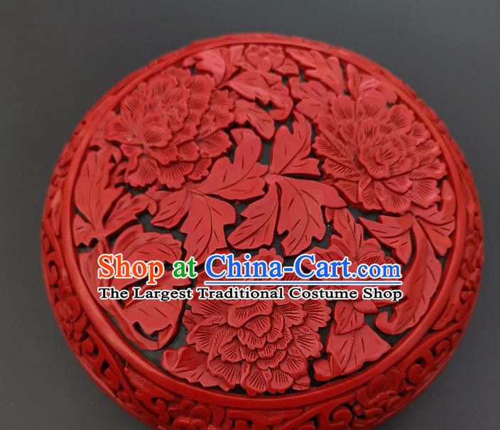Chinese Handmade Carving Peony Round Lacquer Inkpad Box Traditional Lacquerware Craft Wedding Red Rouge Box