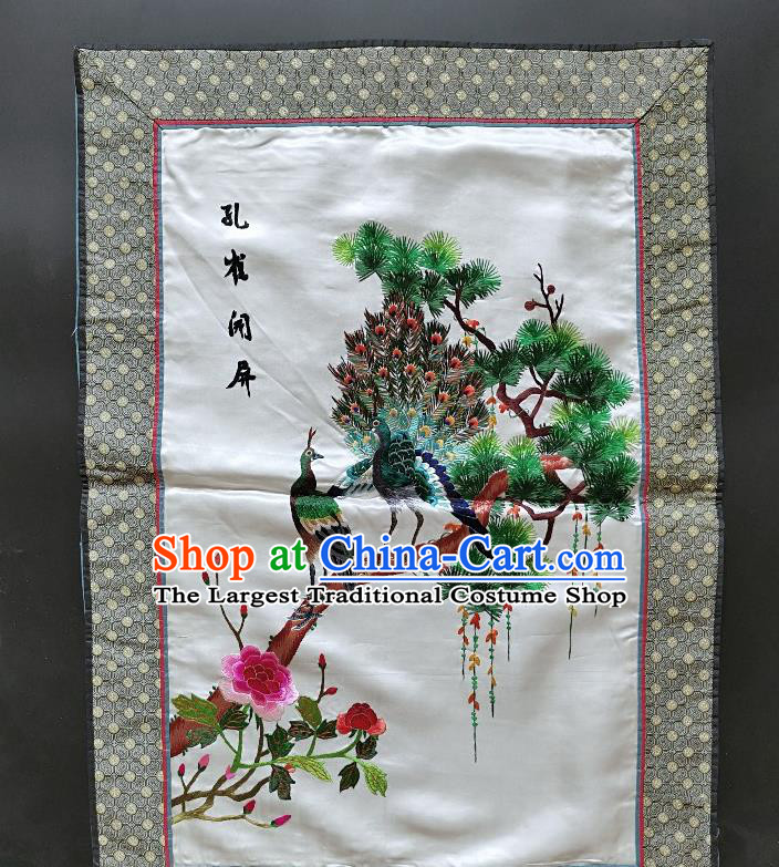 Chinese National Embroidered Pine Peacock Silk Paintings Traditional Handmade Embroidery Peony Craft Decorative Wall Picture