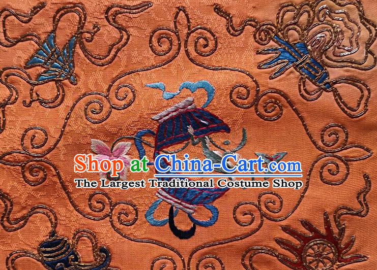 Chinese National Embroidered Orange Silk Paintings Traditional Handmade Embroidery Eight Treasures Craft Decorative Wall Picture