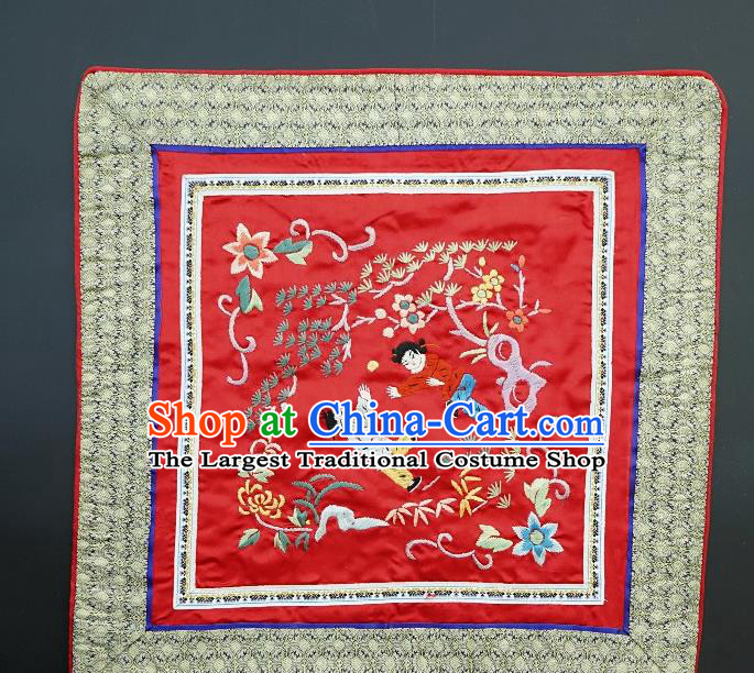 Chinese National Embroidered Red Paintings Traditional Handmade Embroidery Boys Craft Decorative White Silk Wall Picture