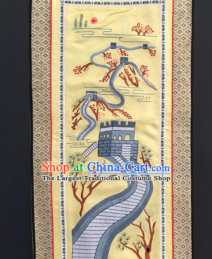 Chinese National Embroidered Yellow Paintings Traditional Handmade Embroidery Great Wall Craft Decorative Silk Picture
