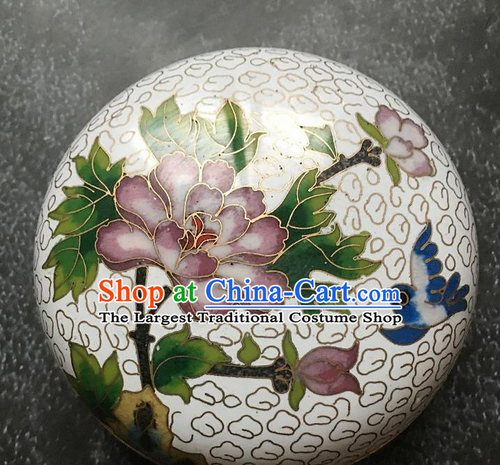 Chinese Traditional Cloisonne Peony Pattern Rouge Box Handmade Brass Craft Enamel White Inkpad Box Accessories
