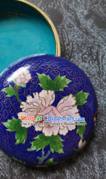 Chinese Traditional Enamel Royalblue Inkpad Box Accessories Cloisonne Peony Pattern Rouge Box Handmade Brass Craft