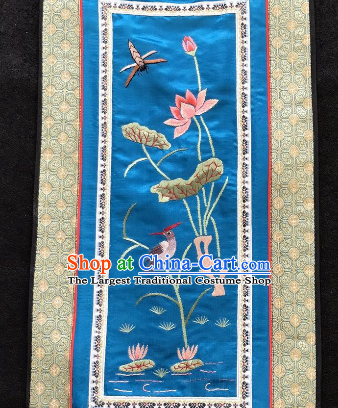 Chinese National Embroidered Lotus Paintings Traditional Handmade Embroidery Decorative Royalblue Silk Picture Craft