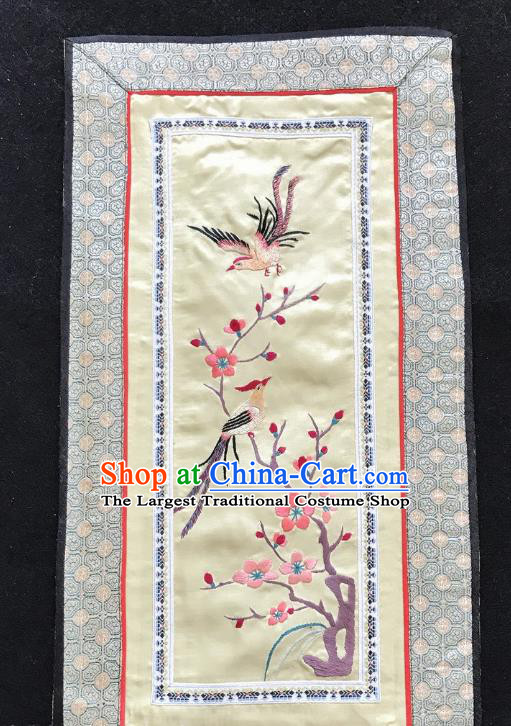 Chinese National Embroidered Plum Birds Paintings Traditional Handmade Embroidery Decorative Light Yellow Silk Picture Craft