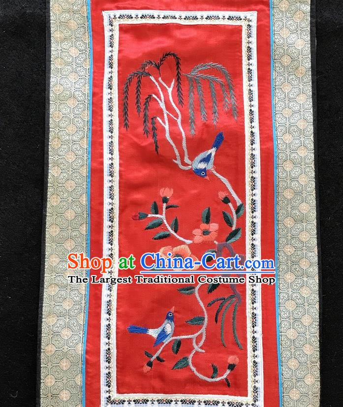 Chinese National Embroidered Willow Bird Paintings Traditional Handmade Embroidery Decorative Red Silk Picture Craft